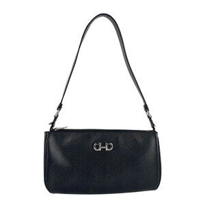 Salvatore Ferragamo Double Gancini Leather Shoulder Bag Black Silver